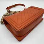 Chanel Large Shoulder Bag Boy CC Logo Gold Orange Leather with Shield Chain — view 9