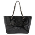Chanel CC Logo Triple Coco Perforated Tote Chain Shoulder Bag Enamel Black