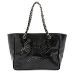 Chanel CC Logo Triple Coco Perforated Tote Chain Shoulder Bag Enamel Black