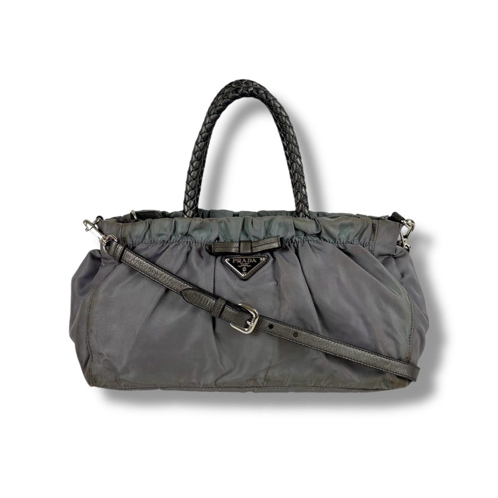 Prada 2-Way Shoulder Bag Mini Tote Ribbon Tessuto Nylon Light Gray