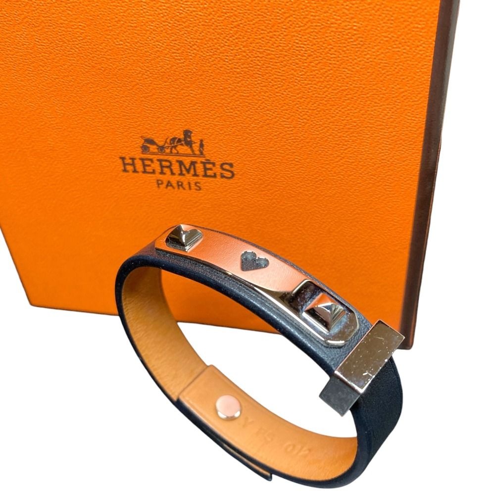 Hermes As de Coule Heart Motif Leather Bracelet T2 Navy Silver Brand