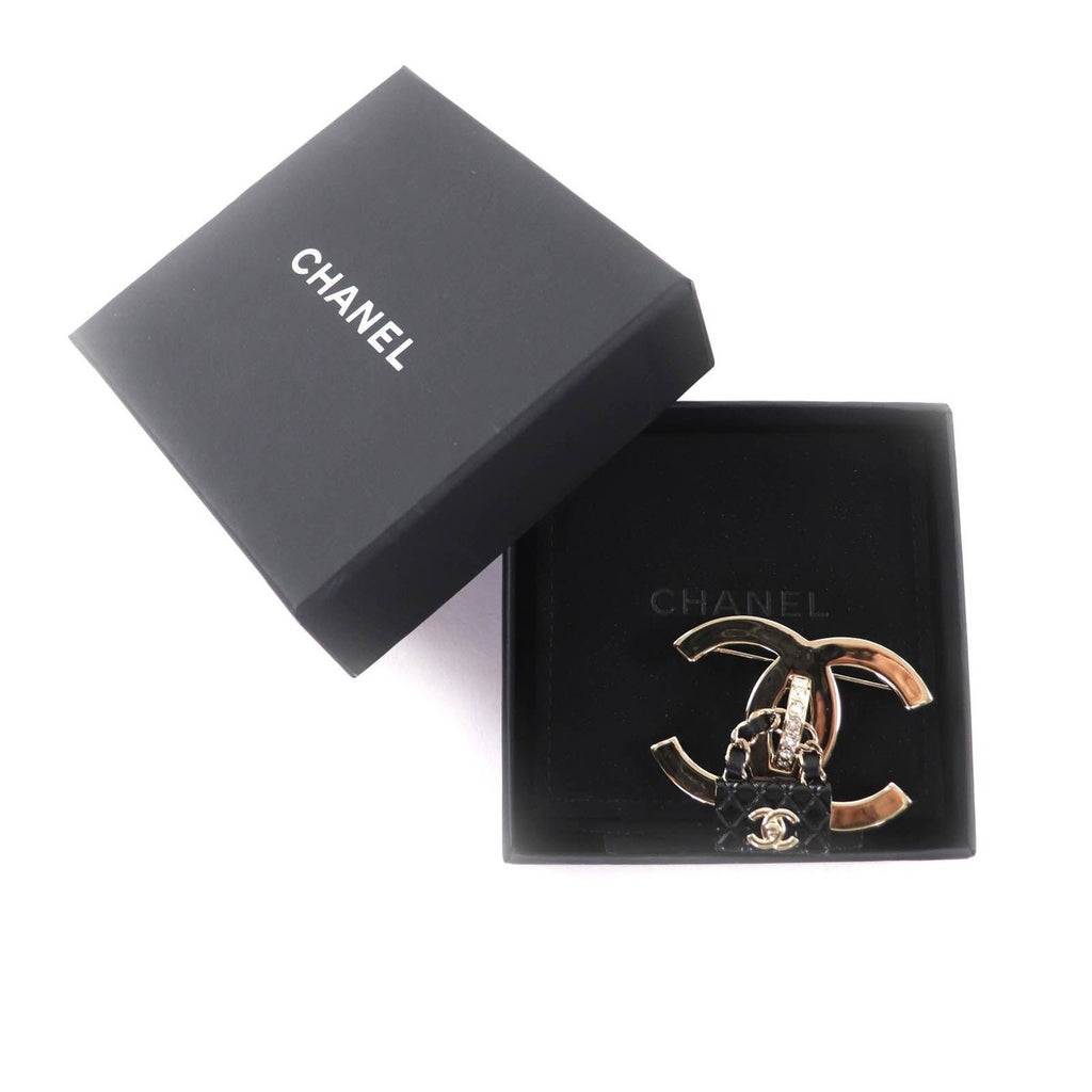 Chanel CC Logo Bag Brooch Gold Black Box Made — view 2