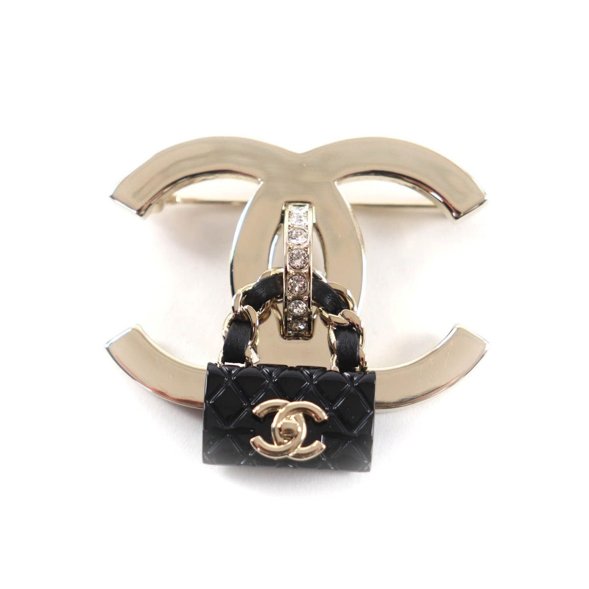 Chanel CC Logo Bag Brooch Gold Black Box Made