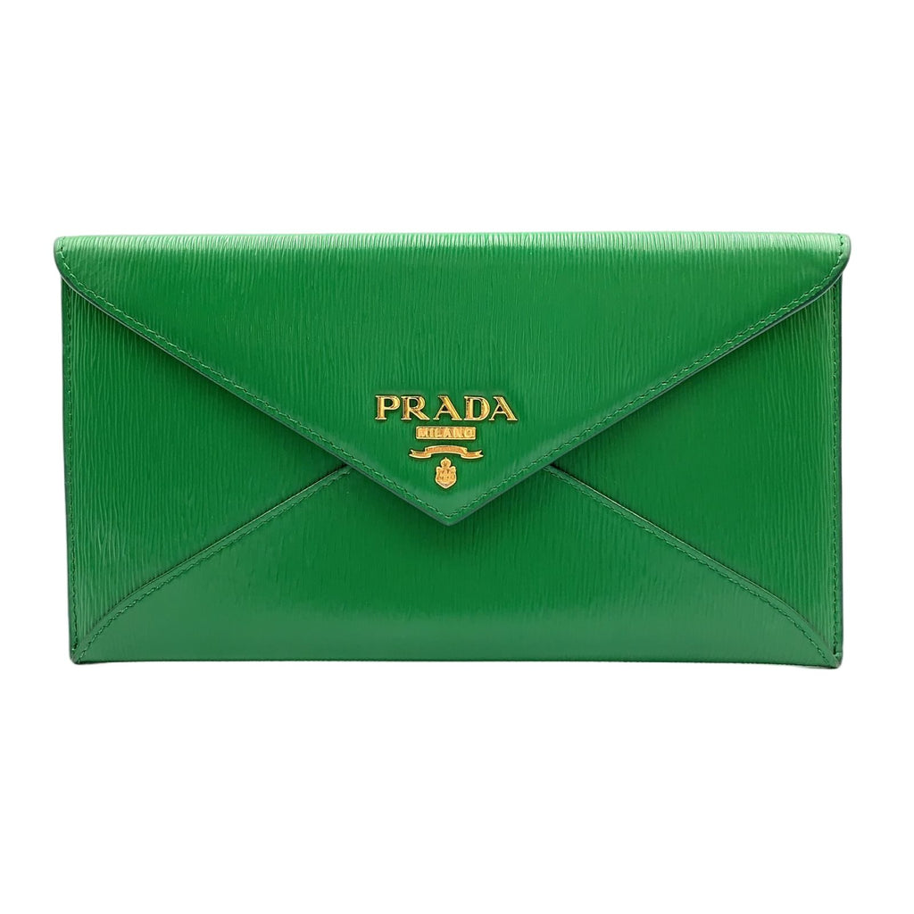 Prada Envelope Leather Green Bifold Wallet Gold