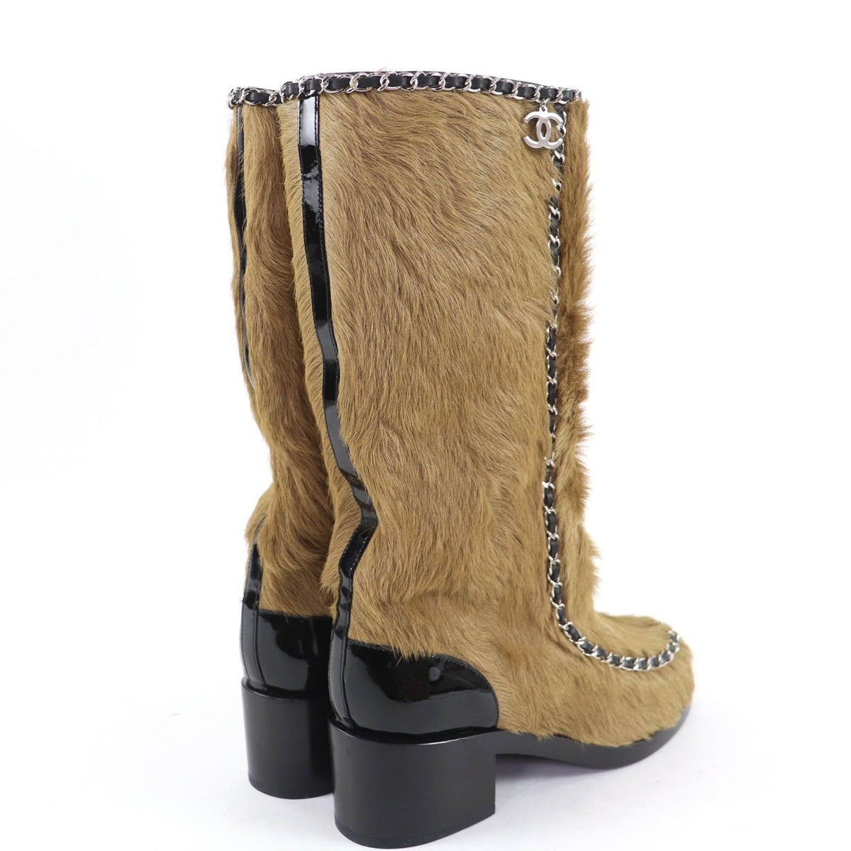 Chanel Patent Leather Coco Charm Fabric Long Boots Brown 37 — view 2