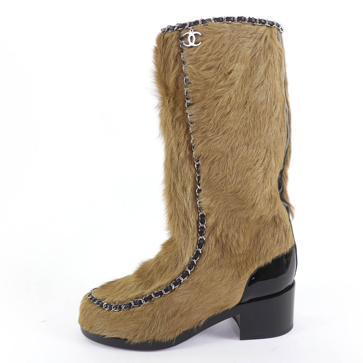 Chanel Patent Leather Coco Charm Fabric Long Boots Brown 37 — view 4