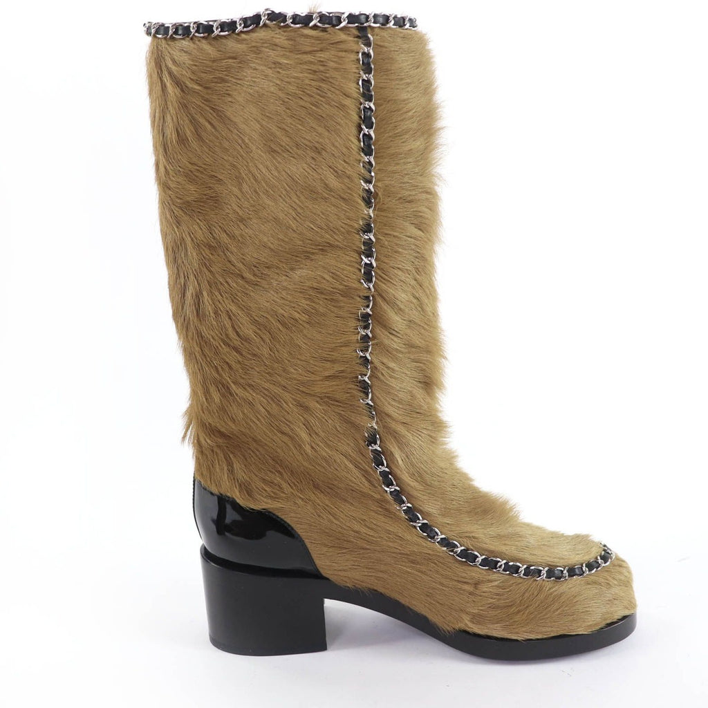 Chanel Patent Leather Coco Charm Fabric Long Boots Brown 37 — view 5