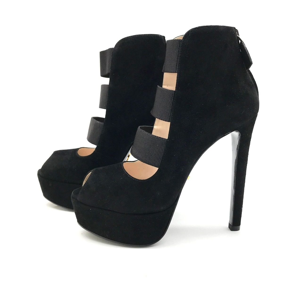 Prada Suede Metal Logo High Heel Short Boots Shoes Black — view 2