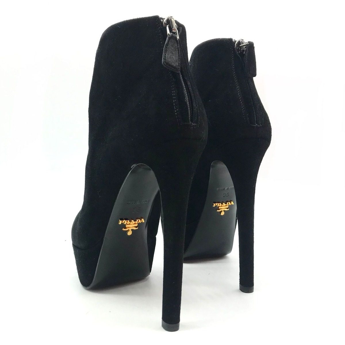 Prada Suede Metal Logo High Heel Short Boots Shoes Black — view 3