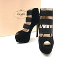 Prada Suede Metal Logo High Heel Short Boots Shoes Black