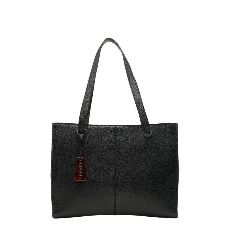 Chanel Logo Charm Tote Shoulder Bag Black Caviar Leather