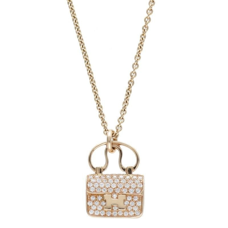 Hermes Amulet Constance 18K Pink Gold Diamond Bag Motif Necklace — view 2