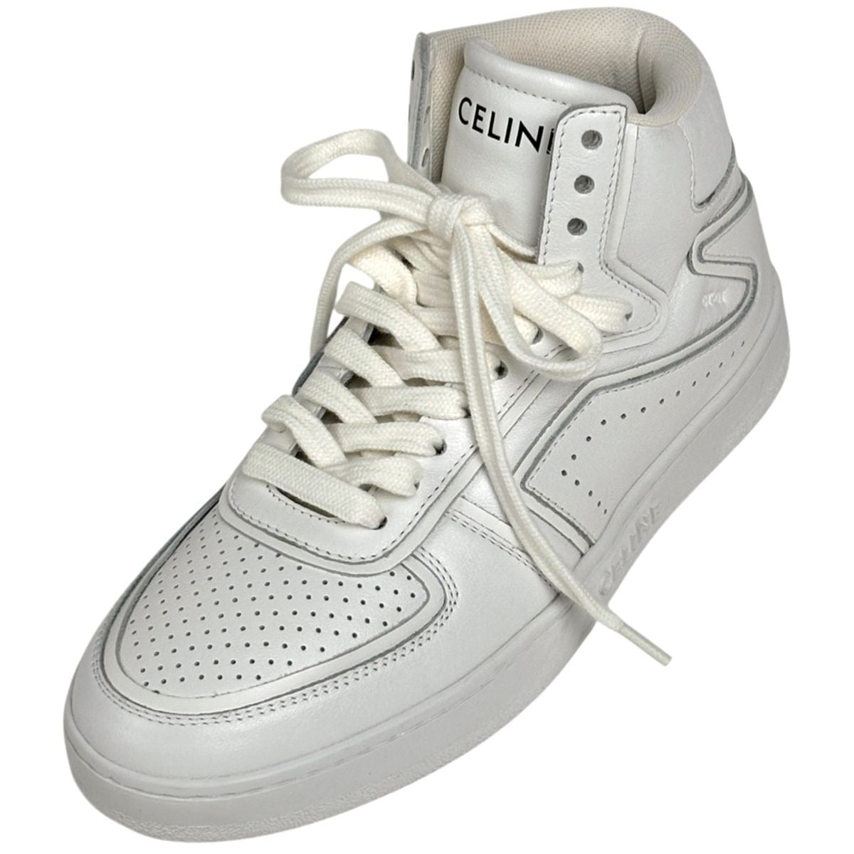 Celine CT 01 Lace Up High Cut Sneakers Logo Shoes Leather White
