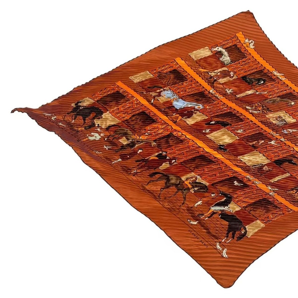 Hermes Pleated Silk Scarf Ecuries Stable Brown — view 2