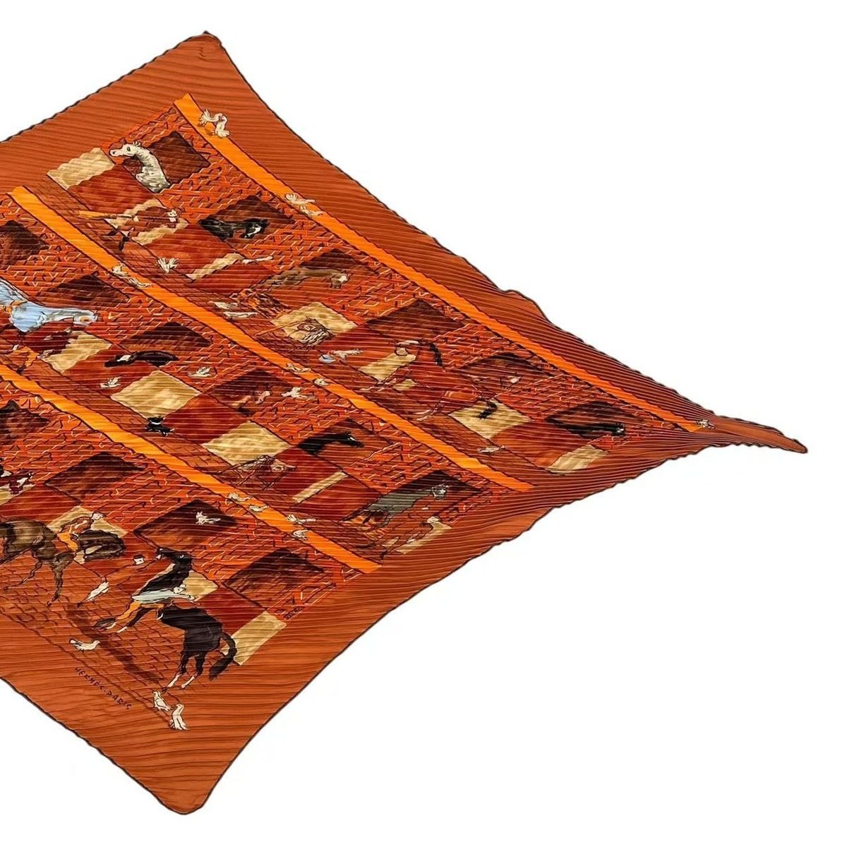 Hermes Pleated Silk Scarf Ecuries Stable Brown — view 3