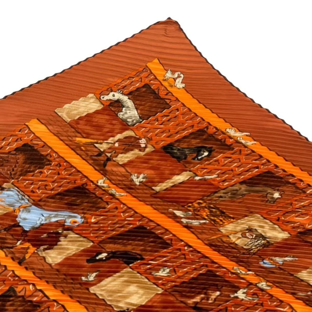 Hermes Pleated Silk Scarf Ecuries Stable Brown — view 4