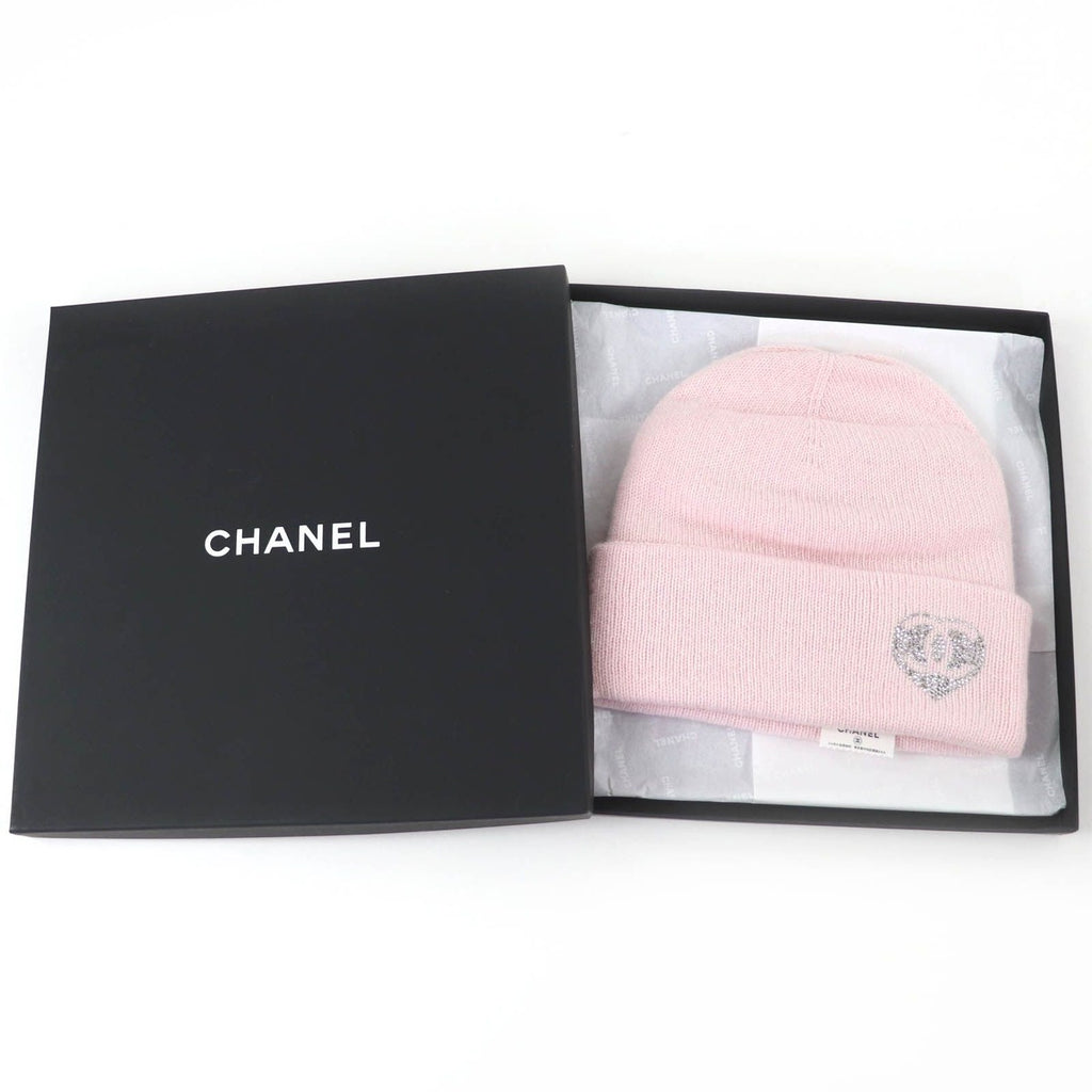 Chanel Cashmere CC Logo Heart Rhinestone Knit Cap Pink — view 2