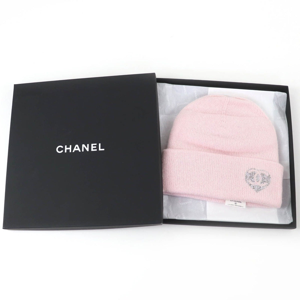 Chanel Cashmere CC Logo Heart Rhinestone Knit Cap Pink — view 2