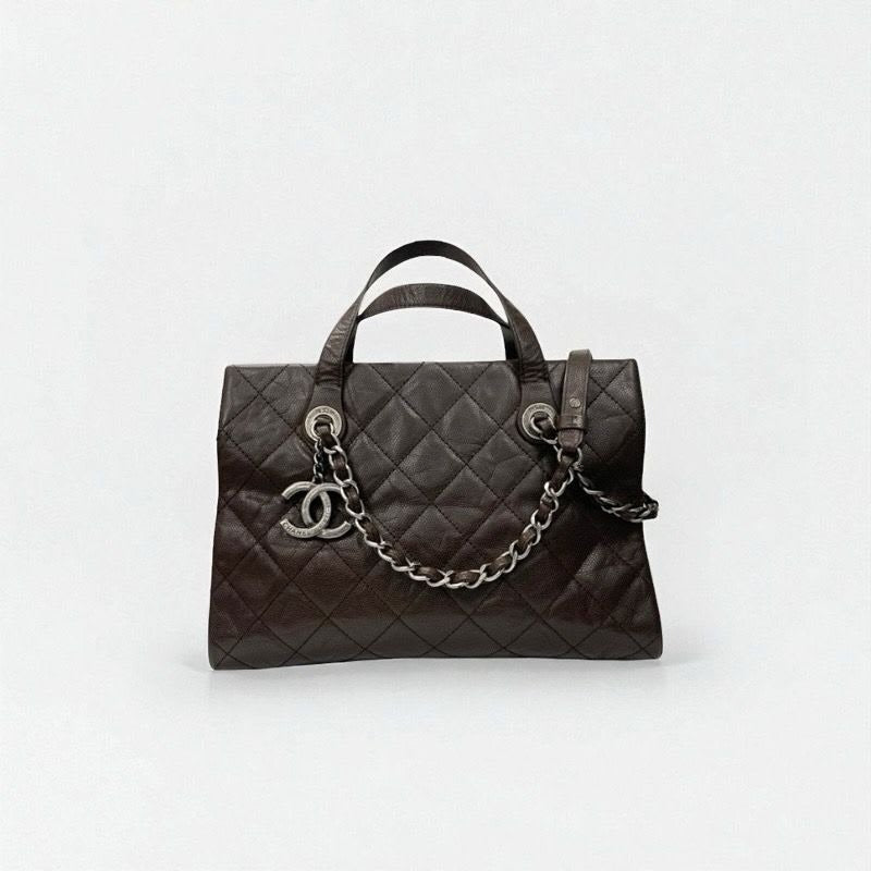 Chanel Bag Shoulder Brown Silver Gunmetal Hardware Quilted Caviar Leather — view 2
