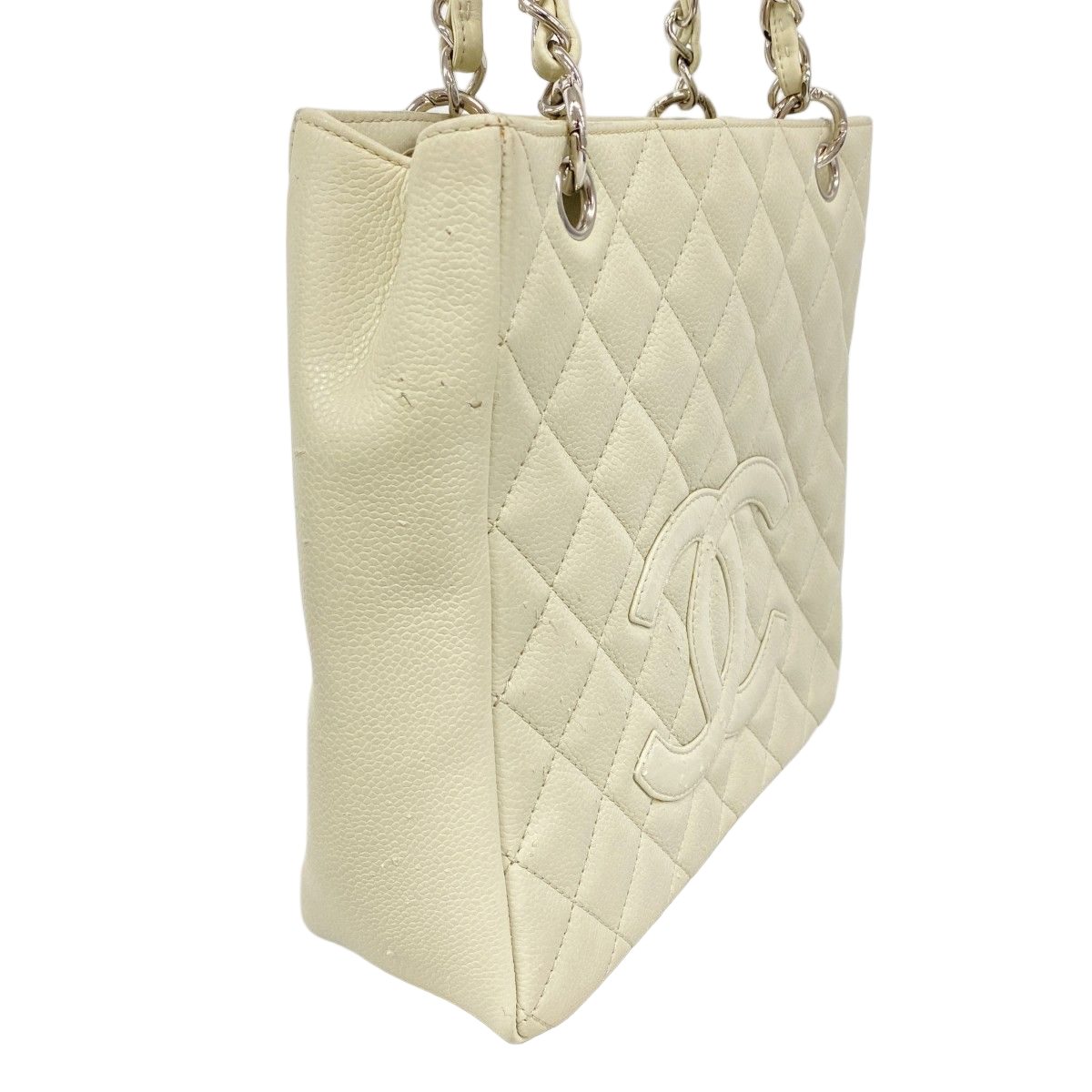 Chanel Chain Tote Quilted Caviar Leather Ivory Silver — view 2