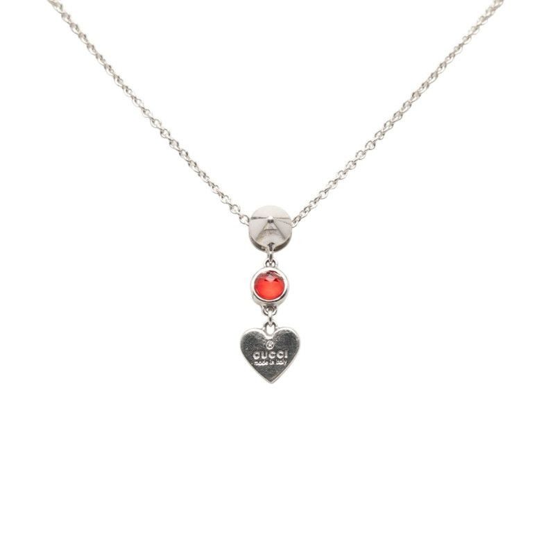 Gucci Trademark Drop Pendant Heart Necklace Silver Red Crystal