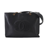 Chanel Jumbo CC Logo Tote Caviar Leather Black Gold Vintage