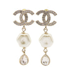 Chanel Earrings Gold Metal Rhinestone Faux Pearl CC Logo