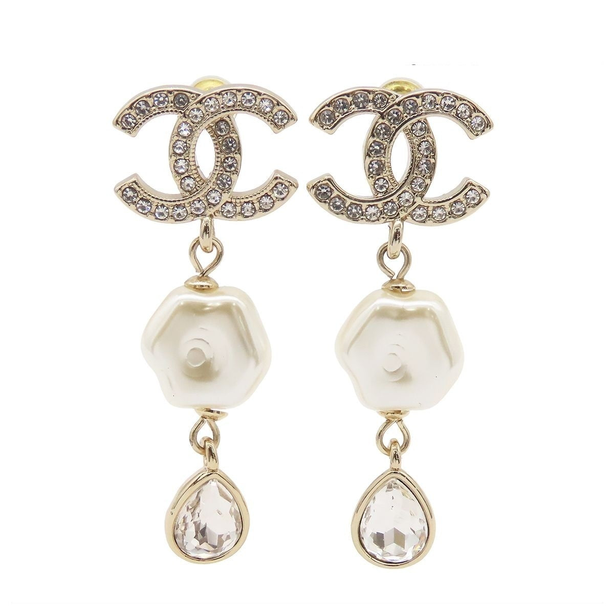 Chanel Earrings Gold Metal Rhinestone Faux Pearl CC Logo