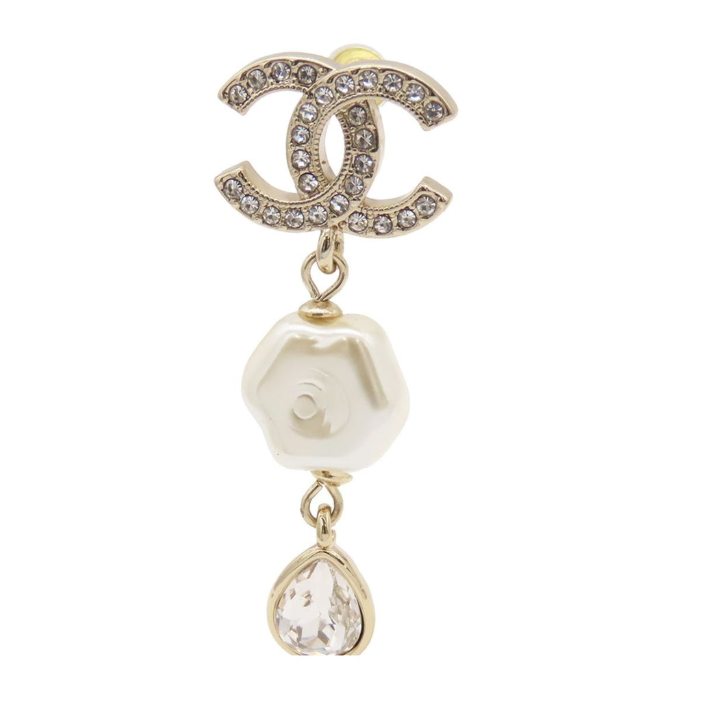 Chanel Earrings Gold Metal Rhinestone Faux Pearl CC Logo — view 2