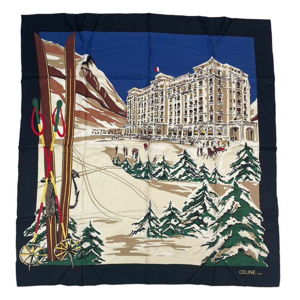 Celine Scarf Silk Snow Scenery Hotel Ski Carriage Multicolor