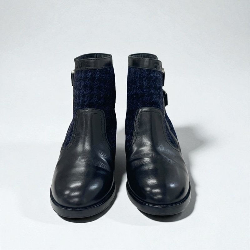 Chanel Boots Short Shoes Tweed Black Navy Brown Logo Belt — view 3