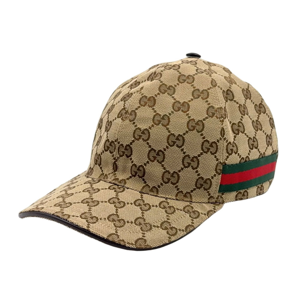 Gucci GG Canvas Leather Dark Brown Beige Multicolor Baseball Hat Gold