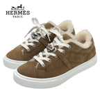Hermes Day Sneakers Shoes Suede Shearling Brown Kelly Buckle