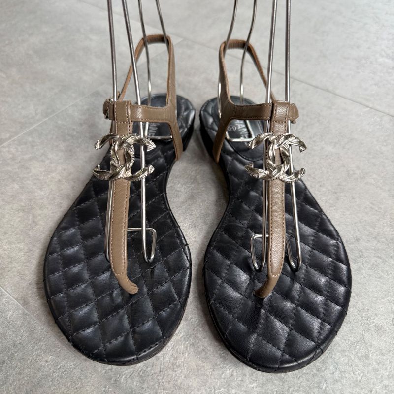 Chanel Thong Sandals Quilted Coco Mark Flat Shoes Black Beige Silver — view 6