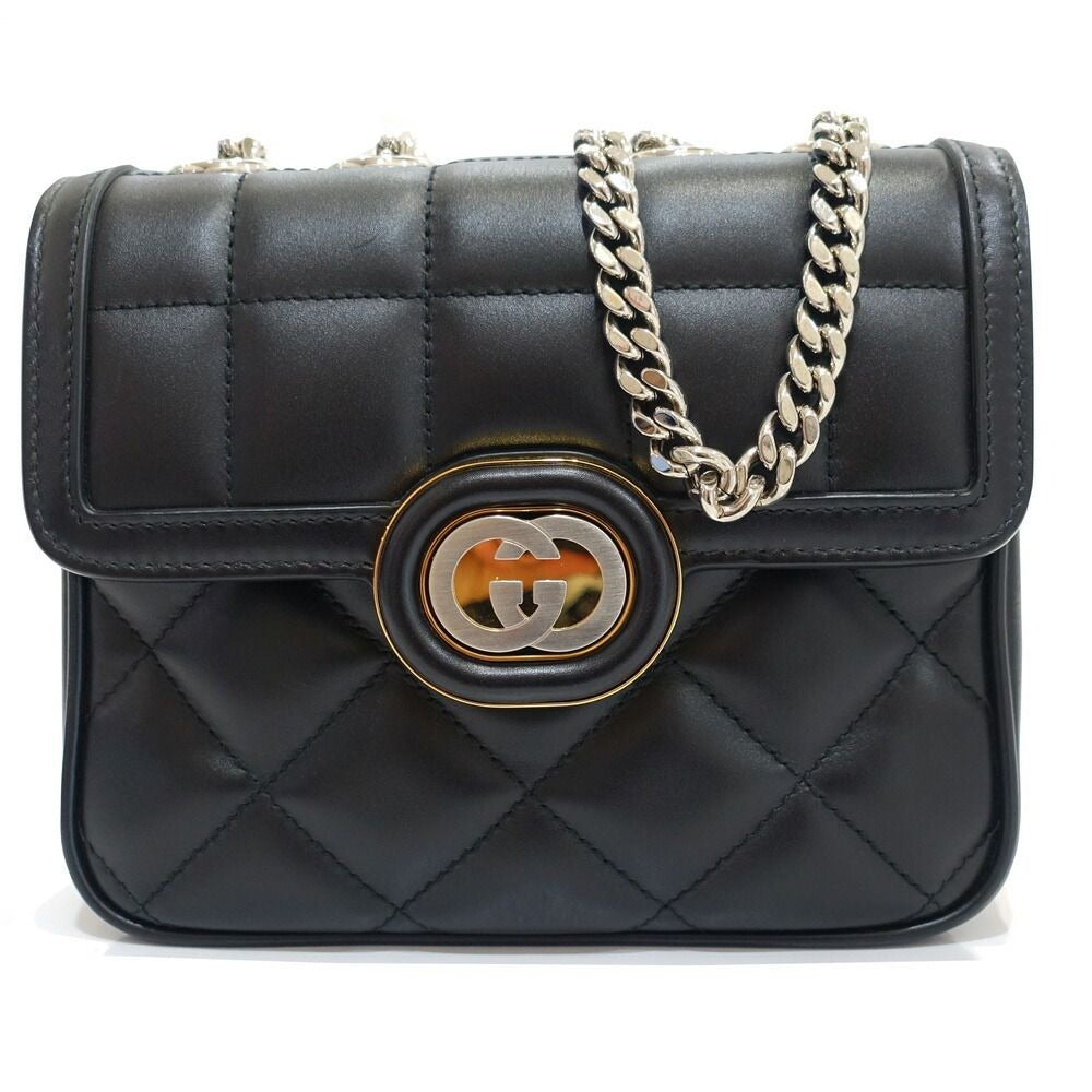 Gucci Deco Mini Shoulder Bag Interlocking Leather Black Gold Silver