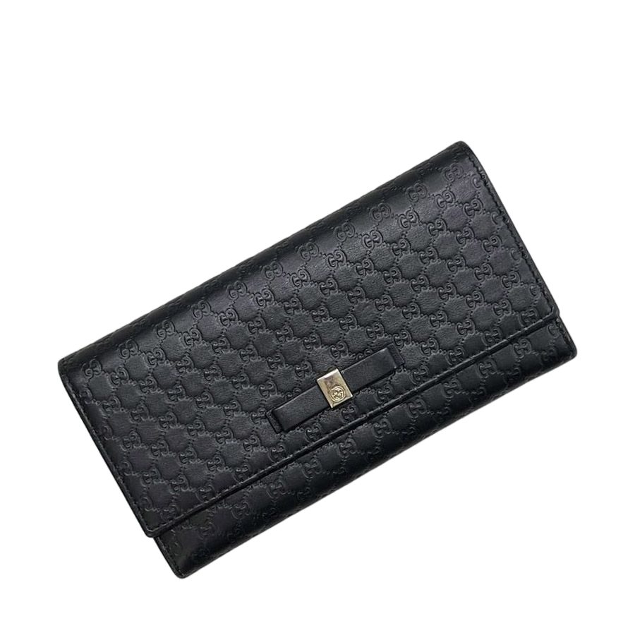 Gucci Bifold Wallet Black Microshima Leather Ribbon GG Cover