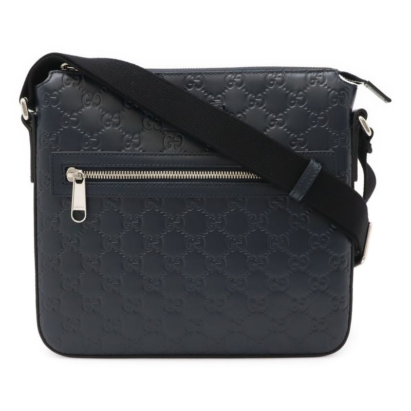 Gucci Guccissima Messenger Bag Shoulder Crossbody Leather Navy Silver Hardware