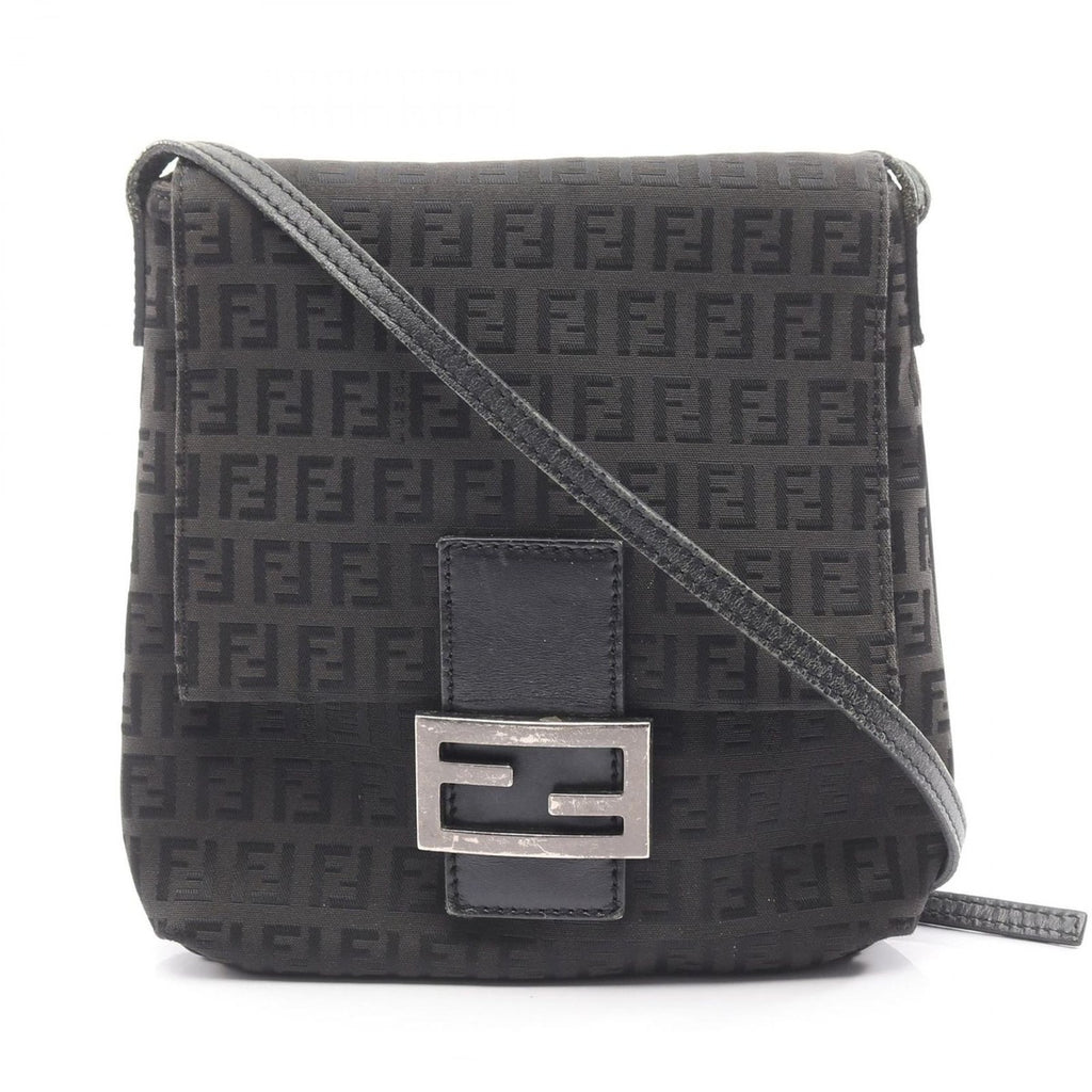Fendi Shoulder Bag Zucchino Black Canvas Leather B