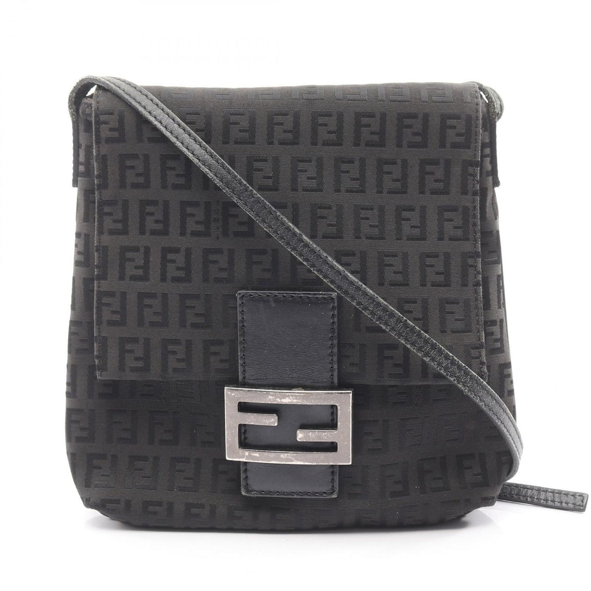 Fendi Shoulder Bag Zucchino Black Canvas Leather B