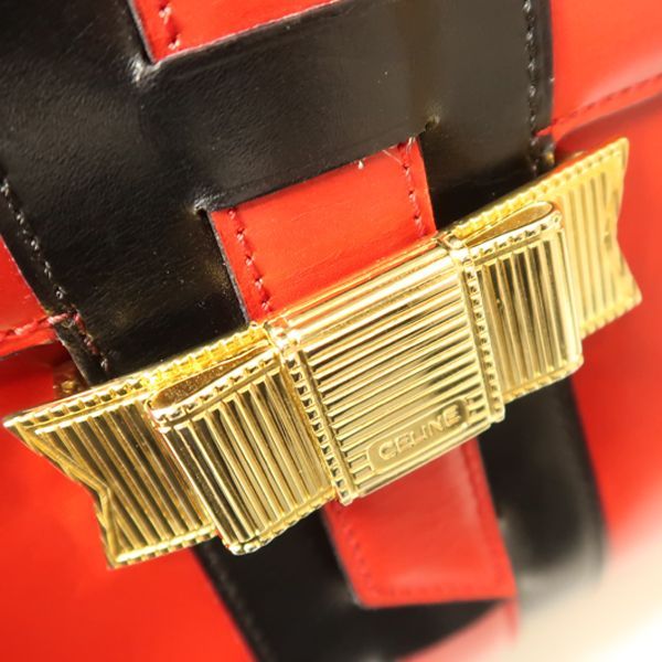 Celine Shoulder Bag Ribbon Hardware Red Black Bicolor Leather — view 8