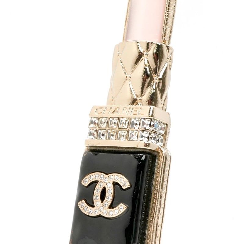 Chanel Brooch Corsage Gold Black Pink Rhinestone Lip Motif — view 6
