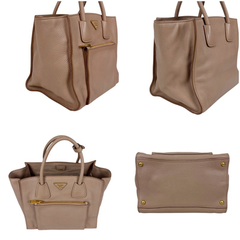 Prada 2-Way Tote Shoulder Bag Vittero Dino Leather Triangle Logo Pink Beige — view 4