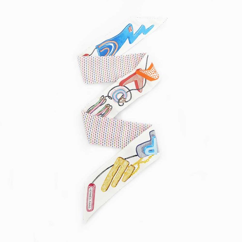 Hermes Twill-kantha Chevaloslope White Silk Scarf Accessory — view 8