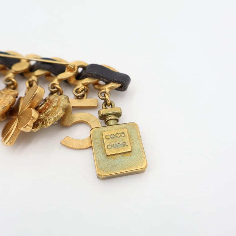 Chanel Vintage Quilted Coco Mark 8 Charm Chain Brooch Gold Black Plated — view 4