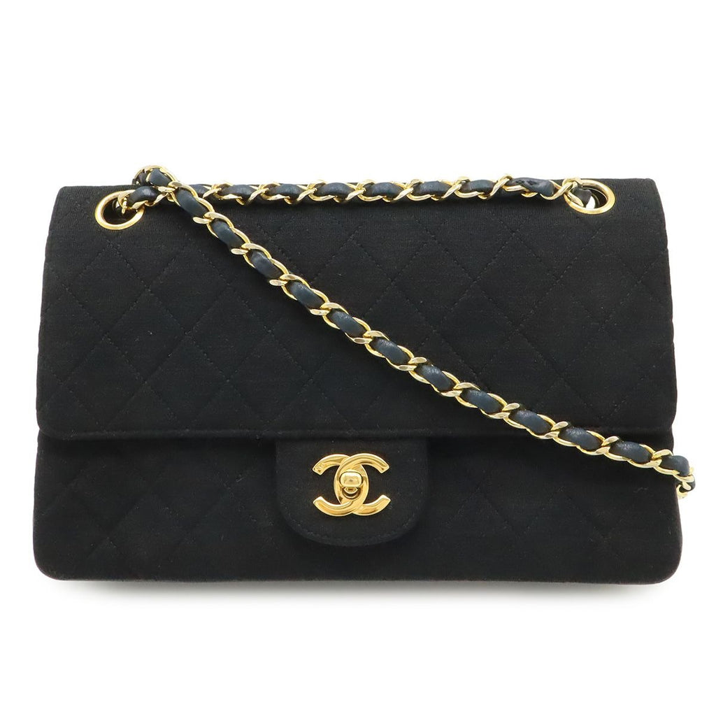 Chanel Quilted CC Logo Chain Shoulder Bag Cotton Jersey Leather Black Gold
