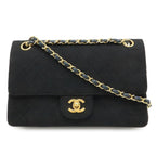 Chanel Quilted CC Logo Chain Shoulder Bag Cotton Jersey Leather Black Gold