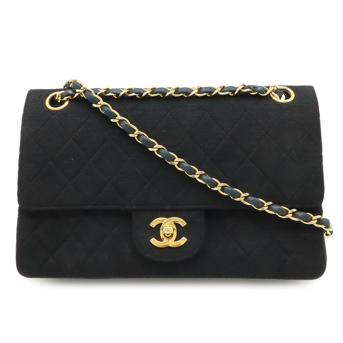 Chanel Quilted CC Logo Chain Shoulder Bag Cotton Jersey Leather Black Gold