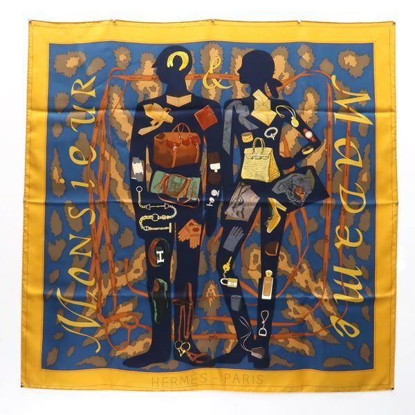Hermes Carre 90 Monsieur ET Madame & Yellow Blue Silk Scarf Box