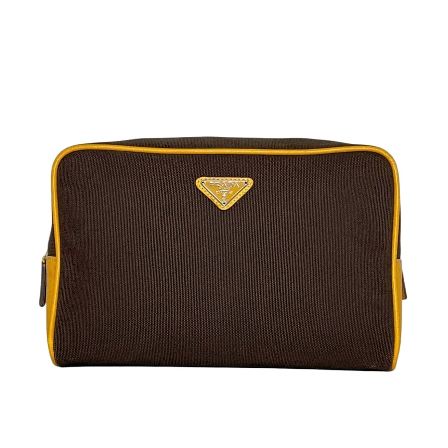 Prada Pouch Second Brown Orange Canvas Leather 113 Fastener