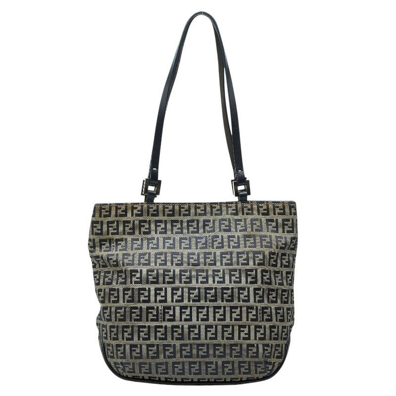 Fendi Zucchino Tote Shoulder Bag Navy Gray Canvas Leather
